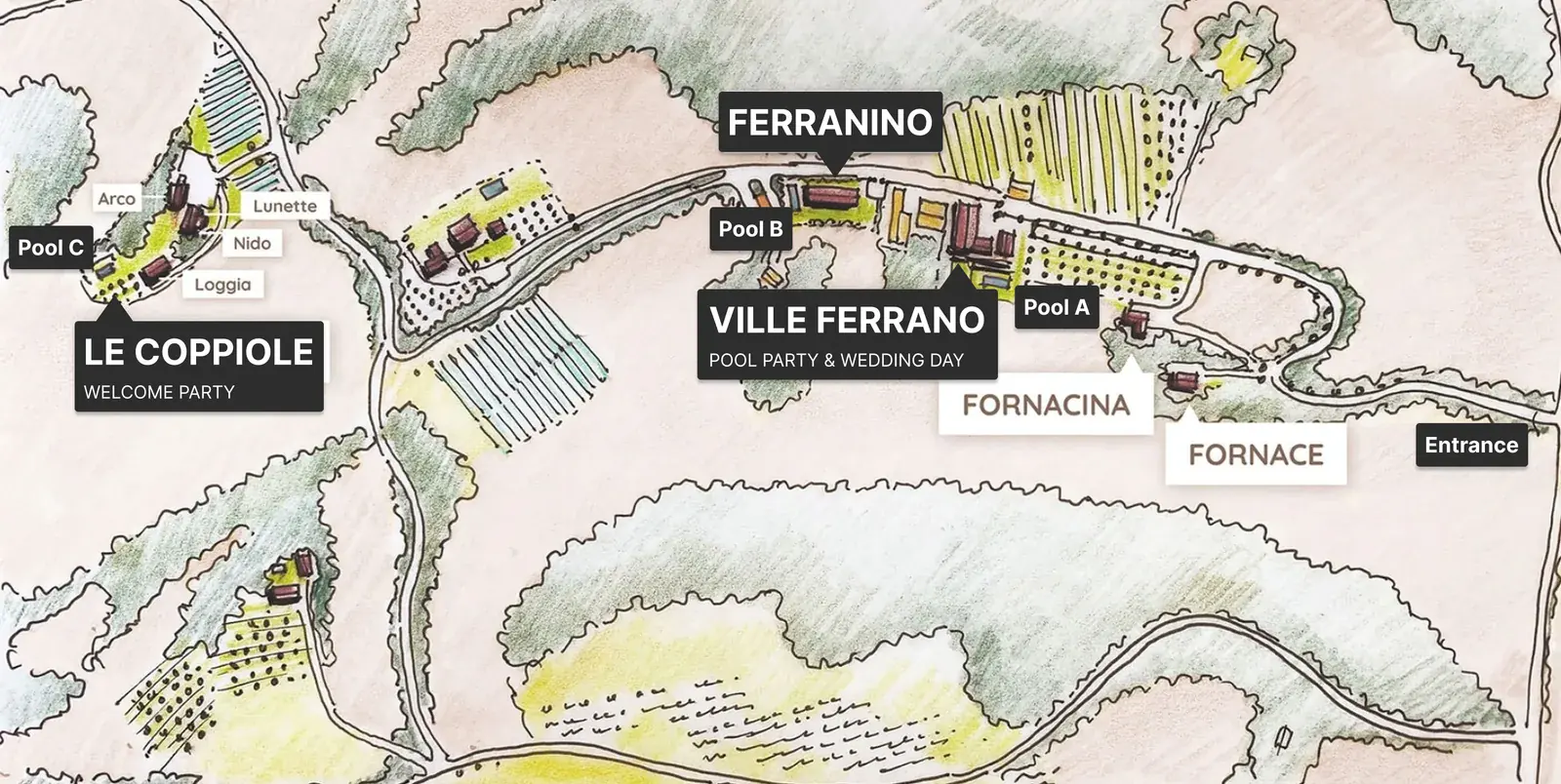 Illustrated map of the Ville Ferrano estate showing the entrance, villas, pools and event locations